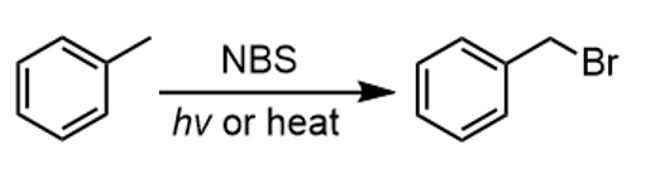 <p>replaces benzylic H with Br</p>