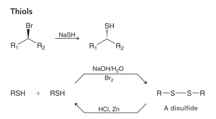<p>reagents: NaSH (SN2) </p><p>NaOH/H<sub>2</sub>O , Br<sub>2</sub> (RSH + RSH —> disulfide) </p><p>HCl, Zn (disulfide —> RSH + RSH) </p>