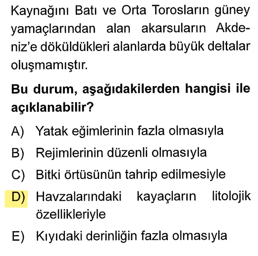<p>Bu bölgede <strong>Karstik kayaçlar</strong> (kalker/kireçtaşı) yaygındır. Karstik kayaçlar suda eridiği için akarsu malzeme biriktiremez, malzeme eriyip gider.</p>