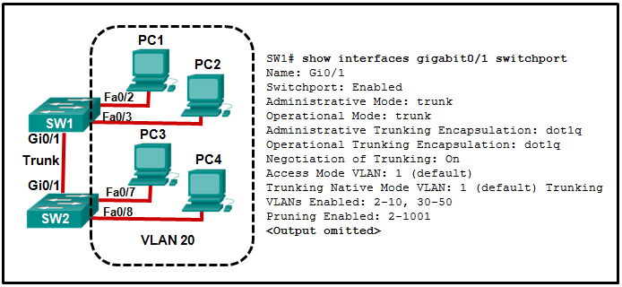 <p><span>Siehe die Abbildung. Alle Arbeitsstationen sind korrekt im VLAN 20 konfiguriert. Arbeitsstationen, die mit dem Switch SW1 verbunden sind, können keinen Datenverkehr zu Arbeitsstationen auf SW2 senden. Was könnte getan werden, um das Problem zu beheben?</span><br><br>1.<span>Erlaube VLAN 20 auf der Trunk-Verbindung. </span><br>2.<span>Aktiviere DTP an beiden Enden des Trunks. </span><br>3.<span>Konfiguriere alle Arbeitsstationen auf SW1 so, dass sie Teil des Standard-VLANs sind. </span><br>4.<span>Konfiguriere alle Arbeitsstationen auf SW2 so, dass sie Teil des nativen VLANs sind.</span></p>