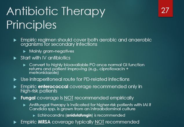 <p><strong><u>false; </u></strong></p><p></p><p><span style="font-family: "Century Gothic";"><sup>Empiric enterococcal coverage recommended only in high-risk patients</sup></span></p><p><span style="font-family: "Century Gothic";"><sup>Fungal coverage is </sup><u><sup>NOT</sup></u><sup> recommended empirically</sup></span></p><p><span style="font-family: "Century Gothic";"><sup>Antifungal therapy is indicated for higher-risk patients with IAI if Candida spp. is grown from an intraabdominal culture</sup></span></p><p><span style="font-family: "Century Gothic";"><sup>MRSA also typically not rec’d</sup></span></p><p></p>