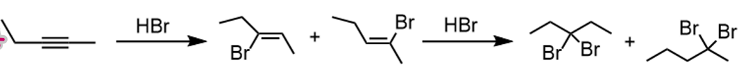<p>1 equiv: Br to either side of alkene</p><p>2 equiv/xs: 2 Br to either side (they just have to be together)</p>