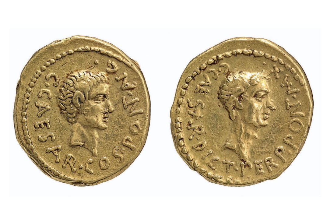 <p>Coin pairing a portrait of Octavian with that of Julius Caesar</p>