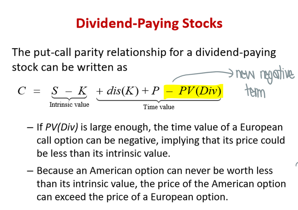 <ul><li><p>If time value is negative, better to exercise early! → bc you can capture the dividend itself</p></li><li><p>If PV(Dividend) is large enough, price can be less than intrinsic value → can’t happen bc arbitrage opportunity</p></li></ul><p><strong>* Sometimes better to exercise early with dividends, never better to exercise early without dividends!</strong></p><p></p>