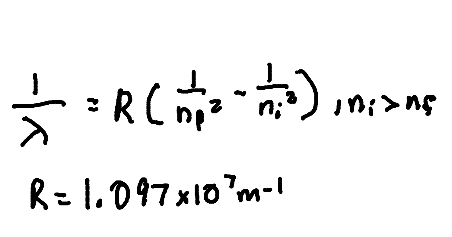 <p>where</p><p>λ = emitted wavelength,</p><p>R = Rydberg constant(1.097 × 107 m−1)</p><p>nf = final level,</p><p>ni = initial level.</p>