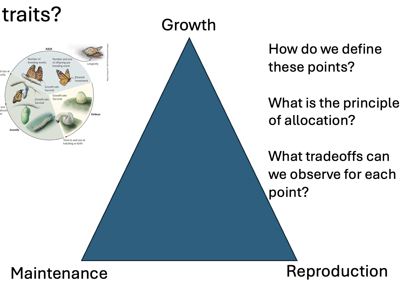 <p>growth, maitenance, reproduction</p>