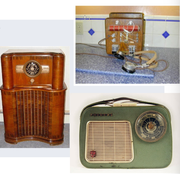 <ul><li><p>evolutie:</p></li></ul><ol><li><p>crystal radio kits:</p></li></ol><ul><li><p>goedkoop + eenvoudig ontvangersmateriaal </p></li><li><p>afluisteren </p></li><li><p>koptelefoon op batterij → zwak signaal</p></li><li><p>individueel gebruik </p></li><li><p>veel interferenties</p></li></ul><ol start="2"><li><p>1920: radio in thuisomgeving:</p></li></ol><ul><li><p>meubelstuk aangesloten op elektriciteit</p></li><li><p>meerdere mensen tegelijk luisteren</p></li></ul><ol start="3"><li><p>1947: miniaturisering:</p></li></ol><ul><li><p>vacuümtubes → vervangen door transistors → kleiner</p></li><li><p>mobiel toestel</p></li></ul><ol start="4"><li><p>AM naar FM:</p></li></ol><ul><li><p>traag → iedereen ander toestel kopen</p></li></ul><ol start="5"><li><p>FM naar DAB+</p></li></ol><p></p>