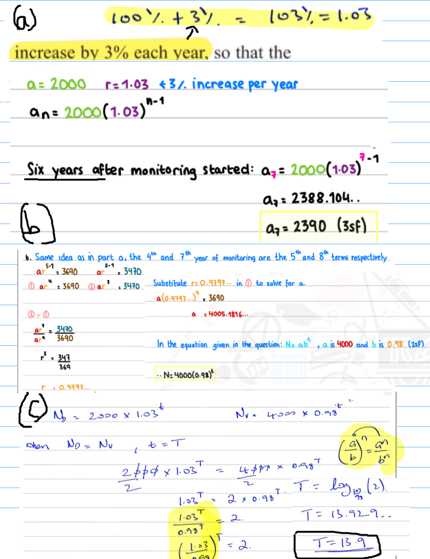<p>since Q. says <strong><u><mark data-color="yellow" style="background-color: yellow; color: inherit;">end of each year,</mark></u></strong> thus end of or after 6th year is 7th term, so n = 7<br><br>NOTE:<br>→ <strong>Use term formula</strong> when finding the value at a specific time/position: <br>→ <strong>Use sum formula</strong> when finding a total / accumulation (total over years or total apples produced etc)</p><p></p><p>i.e:  (at year 6 / after 4 years / nth term) → term formula<br></p>