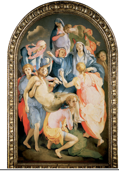<p>Jacopo da Pontormo,1525-27</p><p>-no clear stable structure or grounding rather they are floating</p><p>-This reflects a move away from the calm order of artists like Raphael.</p><p>-This style emphasizes expression over realism. Mannerism’s focus on psychological intensity.</p>