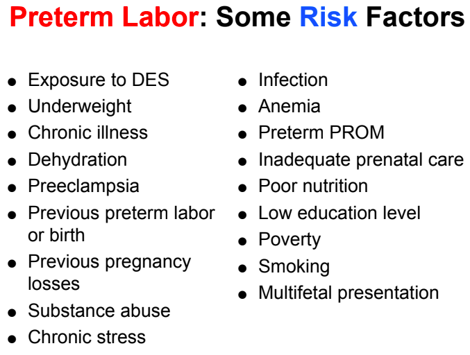<ul><li><p>report temp above <strong>100.4</strong></p></li><li><p><strong>avoid sex</strong> &amp; orgasms </p></li><li><p><strong>avoid breast stimulation </strong></p></li><li><p>note any <strong>contractions</strong>, <strong>reduced fetal activity</strong> (report <10 kicks in 12hr)</p></li></ul><p>DES: estrogen used to treat vaginal cancer </p><p></p>