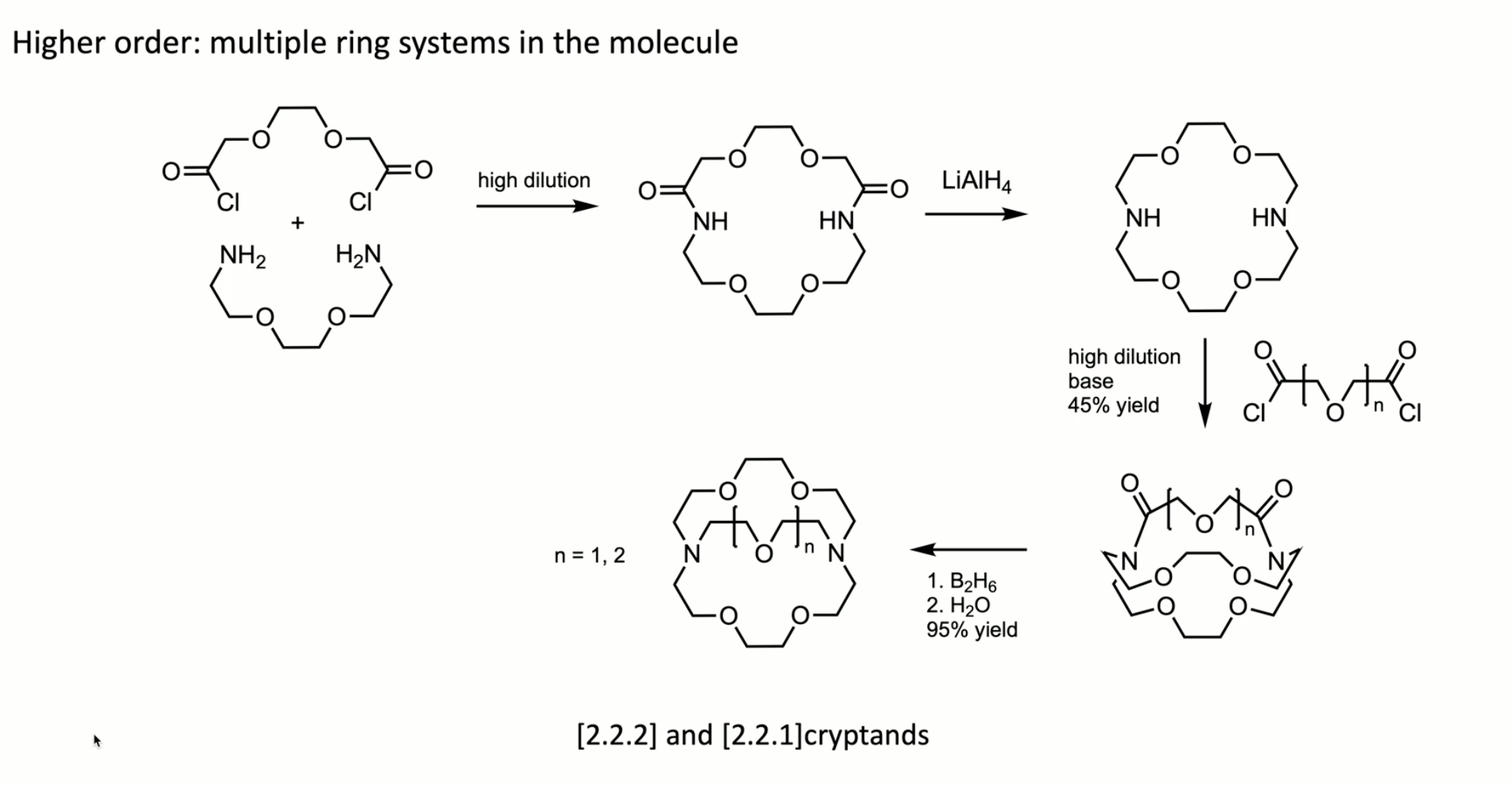 <p>high dilution x 2</p><p>why? metal ions will not template well to the bis acid chlorides (electrophiles…); use high dilution</p>