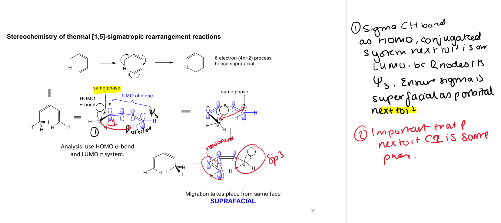 <p>The reaction proceeds through a <strong>concerted 6-electron (4n+2)</strong> transition state. The σ(C–H) HOMO overlaps constructively with the <strong>same-phase terminal lobes of the π-system LUMO</strong>, allowing the hydrogen to migrate on the <strong>same face (suprafacial)</strong> of the conjugated system.</p>