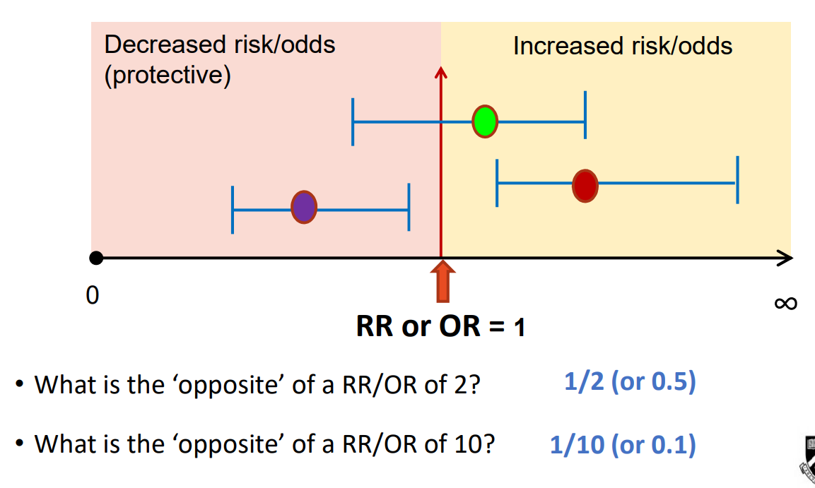 <ul><li><p>When the RR or OR is equal t 1, that means there is no difference</p></li><li><p>If RR or OR > 1 → means the exposure increases the outcome, so there increased risk </p></li><li><p>If RR or OR < 1 → protective factor </p></li></ul><p></p>