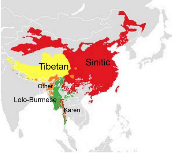 <ul><li><p>ca. 400 members</p></li><li><p>largest groups: Chinese and Tibeto-Burman</p></li><li><p>many small language communities</p></li><li><p>exact relationships difficult to establish</p></li></ul><p></p>