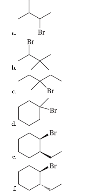 <p>7.34</p><p>Write structural formulas for all the products that would be obtained when each of the following alkyl halides is heated with sodium ethoxide in ethanol. When more than one product results, you should indicate which would be the major product and which would be the minor product(s). You may neglect cis–trans isomerism of the products when answering this question.</p>