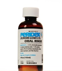 <p>chlorhexidine oral soln</p><p>15ml x 30sec, spit do not swallow</p>