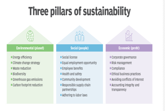 <ul><li><p>Environmental (planet)</p><ul><li><p>Energy efficiency </p></li><li><p>Climate change strategy </p></li><li><p>Waste reduction </p></li><li><p>Biodiversity </p></li><li><p>Greenhouse gas emissions </p></li><li><p>Carbon footprint reduction</p></li></ul></li><li><p>Social (people)</p><ul><li><p>Social license </p></li><li><p>Equal employment opportunity </p></li><li><p>Employee benefits </p></li><li><p>Health and safety </p></li><li><p>Community development </p></li><li><p>Responsible supply chain partnerships </p></li><li><p>Adhering to labor laws</p></li></ul></li><li><p>Economic (profit)</p><ul><li><p>Corporate govemnance </p></li><li><p>Risk management </p></li><li><p>Compliance </p></li><li><p>Ethical business practices </p></li><li><p>Avoiding conflicts of interest </p></li><li><p>Accounting integrity and transparency</p></li></ul></li></ul><p></p>