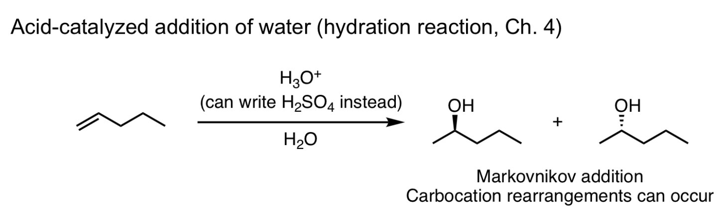 <p>Acid-Catalysed Hydration, alkyl + hydride shifts can occur</p>