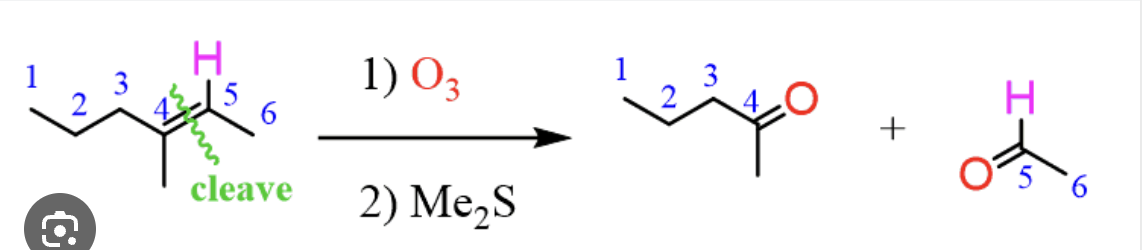 <p>1) O3, 2) can be another rxn, sometimes (CH3)2, molecule is cleaved in half and two oxygens are added where the double bond was, ozonide is created as an intermediate</p>