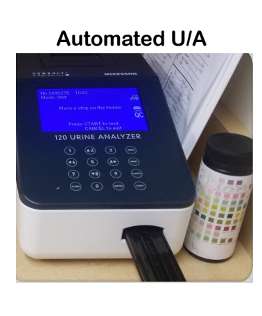 <p>Collecting urine:</p><p>General Collection (Clean Catch Mid-Stream)</p><p></p><p><strong>Male Anatomy</strong>: Wipe once, then perform a mid-stream catch.</p><p></p><p><strong>Female Anatomy</strong>: Wipe three times (right, left, middle) from front to back, then perform a mid-stream catch</p><p></p><p>Actual Procedure:</p><ul><li><p><strong>Press Start</strong></p><p></p></li><li><p></p><p><strong>Place dipstick into urine, submerge all the squares</strong></p><p></p></li><li><p></p><p><strong>Slide strip off the side of the cup or pat one side on blue chuck pad once--to prevent the colors from running.</strong></p><p></p></li><li><p>Insert strip into the middle of the open chamber. WAIT. (do not push the chamber inside)</p><p></p></li><li><p></p><p><strong>After 64 seconds, the sample will go into the chamber and the results will print.</strong></p><p></p><ul><li><p>Press print if the results do not print automatically. Tape results to your U/A Sheet</p><p></p></li></ul></li><li><p></p><p><strong>Press CANCEL to clear the results</strong></p></li></ul><p></p>