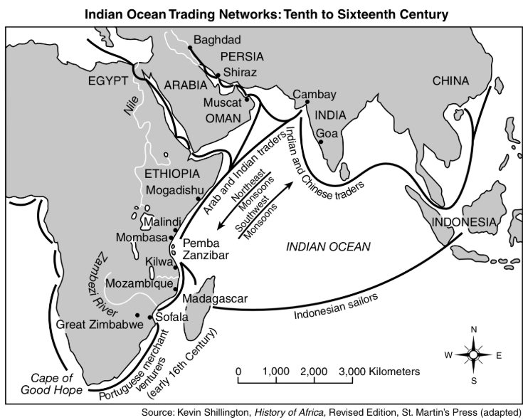 <p>Based on the map, which geographic factor directly affected the timing and direction of travel and trade on the Indian Ocean?</p>