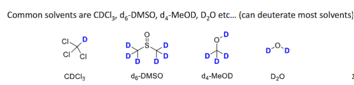 <ul><li><p>Due to complexities in the relaxation process in the solid state we can not measure this kind of data unless the sample is in solution - therefore the sample needs to be dissolved in solvent</p></li><li><p>If this also contains hydrogen atoms then this causes a problem as the solvent would be in massive excess so we’d only really see a spectrum of the solvent</p></li><li><p>Deuterated solvents (<sup>2</sup>H) are used where all hydrogen atoms have been replaced by deuterium as most solvent contain <sup>1</sup>H</p></li><li><p>The deuterium nucleus itself is spin active and so the magnetic but absorbs in a very different frequency to <sup>1</sup>H so the solvent is no longer seen in the spectrum</p></li></ul><p></p>