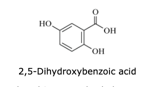 <p><span>In MALDI, a plate containing the sample is coated with 2,5-dihydroxybenzoic acid (DHB) (structure shown).</span></p><p></p><p></p><p><span>Which reaction leads to the formation of DHB whose structure is shown in the passage?</span></p>