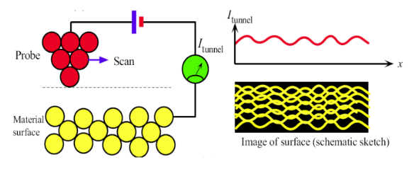 <ul><li><p>Uses the tunneling effect to map atomic scale topology</p></li><li><p>Applies a voltage to lower PE barrier between tip and sample, creating a tunneling current</p></li></ul><p></p>