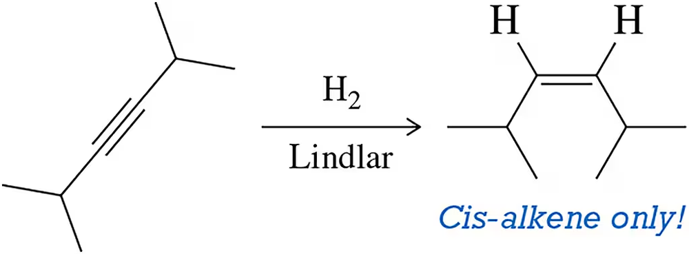 <p>1 step process, an alkyne with H2 and Lindlar’s catalyst produces a cis alkene- no regio-selectivity and syn stereo-specificity</p>