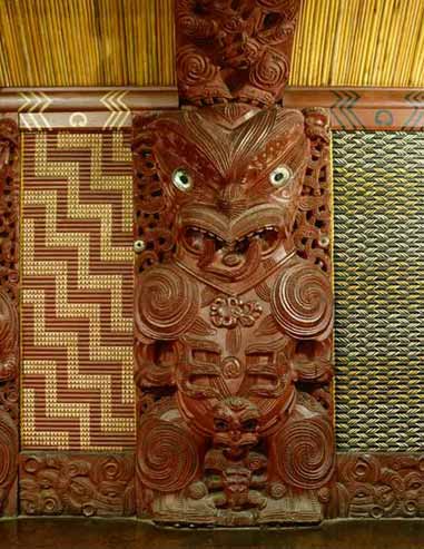 <p><strong>Use the reproduction below to answer the question that follows.</strong></p><p><span>Source: A female ancestor, one of a series lining the wall. Te Hau-Ki-Turanga meeting house, built by the Ngati Kaipoho tribe in 1842. Wood, reed. Location: Museum of New Zealand, Wellington, New Zealand. Photo Credit: Werner Forman / Art Resource, NY.</span><br><br><span>The dramatic effect of this sculpture is mainly the result of which of the following?</span></p>