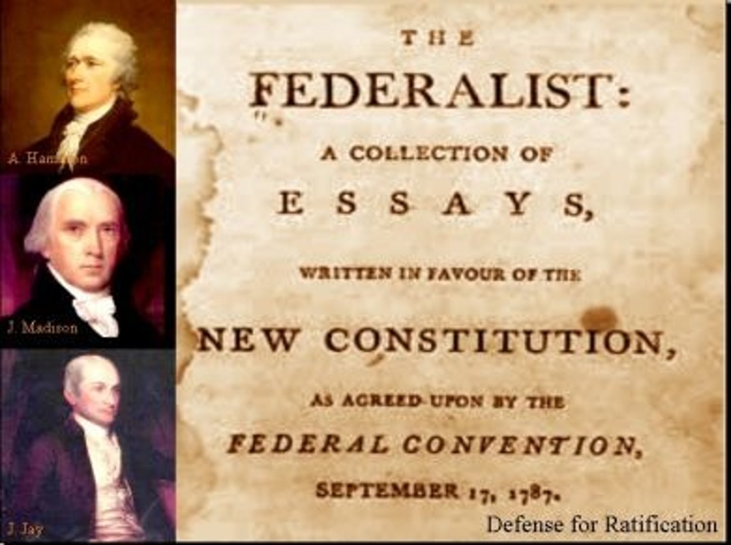 <p>A collection of 85 articles written by Alexander Hamilton, John Jay, and James Madison under the name "Publius" to defend the Constitution in detail.</p>