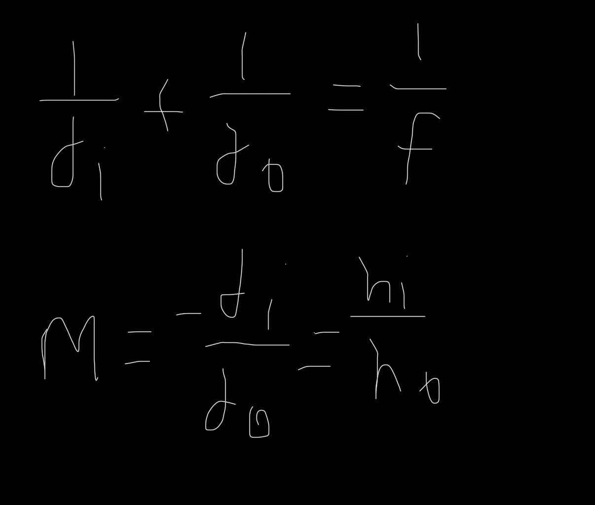 <p>Where</p><ul><li><p>d0 = object distance from mirror/lens</p></li><li><p>di = image distance from mirror/lens</p></li><li><p>f = focal length</p></li><li><p>m = magnification</p></li><li><p>hi = image height</p></li><li><p>ho = object height </p></li></ul><p></p>