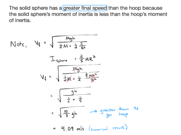 <p>solid sphere is faster since its inertia is less compared to the hoop. </p>