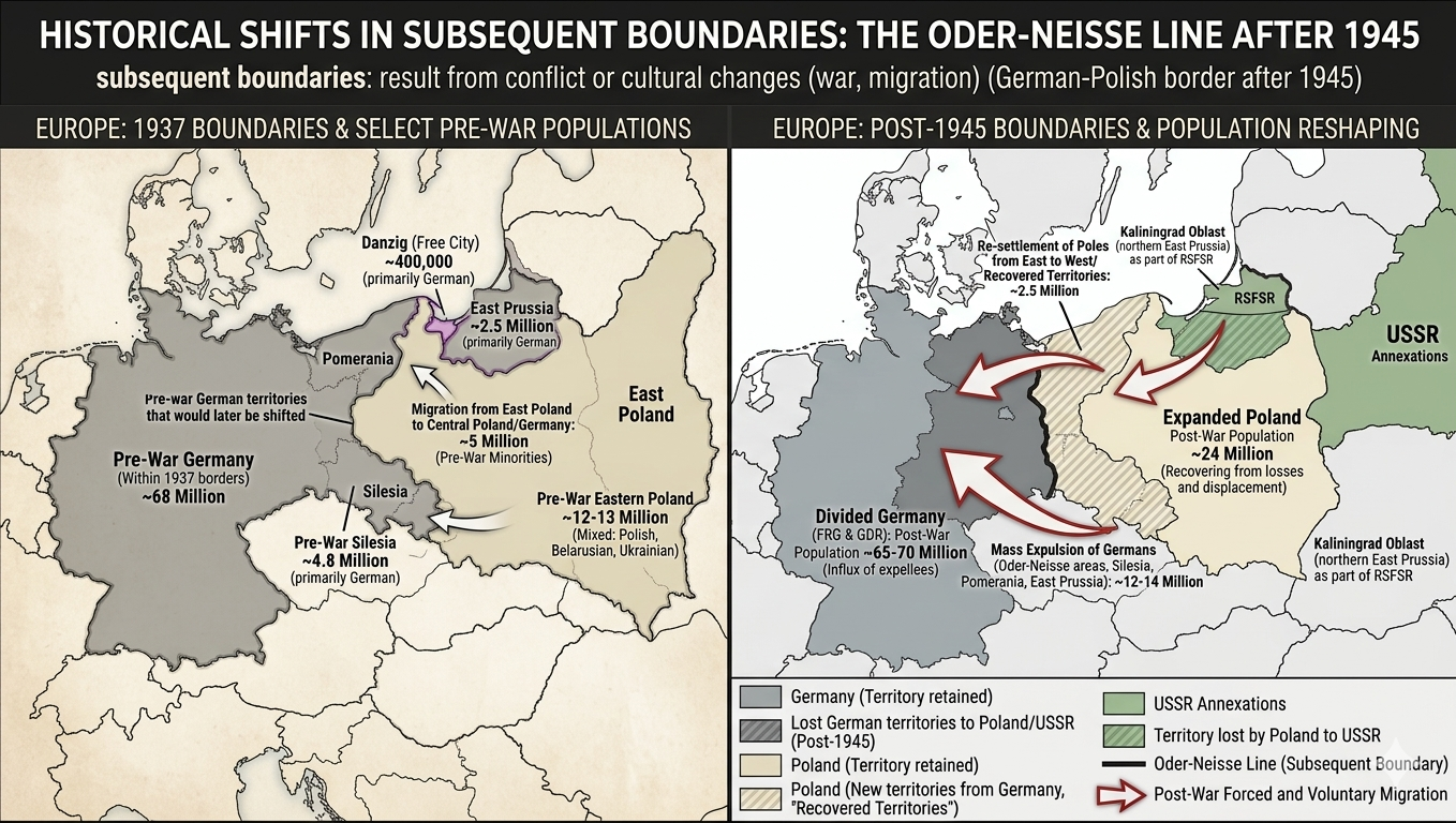 <p>result from conflict or cultural changes (war, migration) (german-polish border after 1945)</p>