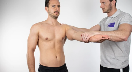 <p>have patent standing</p><p>bring arm in front of them with palm facing <span style="background-color: transparent;">ceiling</span></p><p>have them bring arm up while resisting</p><p>positive if: pain</p><p>dont bend arm</p>