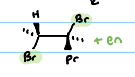 <ol><li><p>Halogenation</p></li></ol><ol start="2"><li><p>the Br’s are anti to each other, but mostly the same as when its Br<sub>2 </sub>+ H<sub>2</sub>O</p></li></ol><p></p>