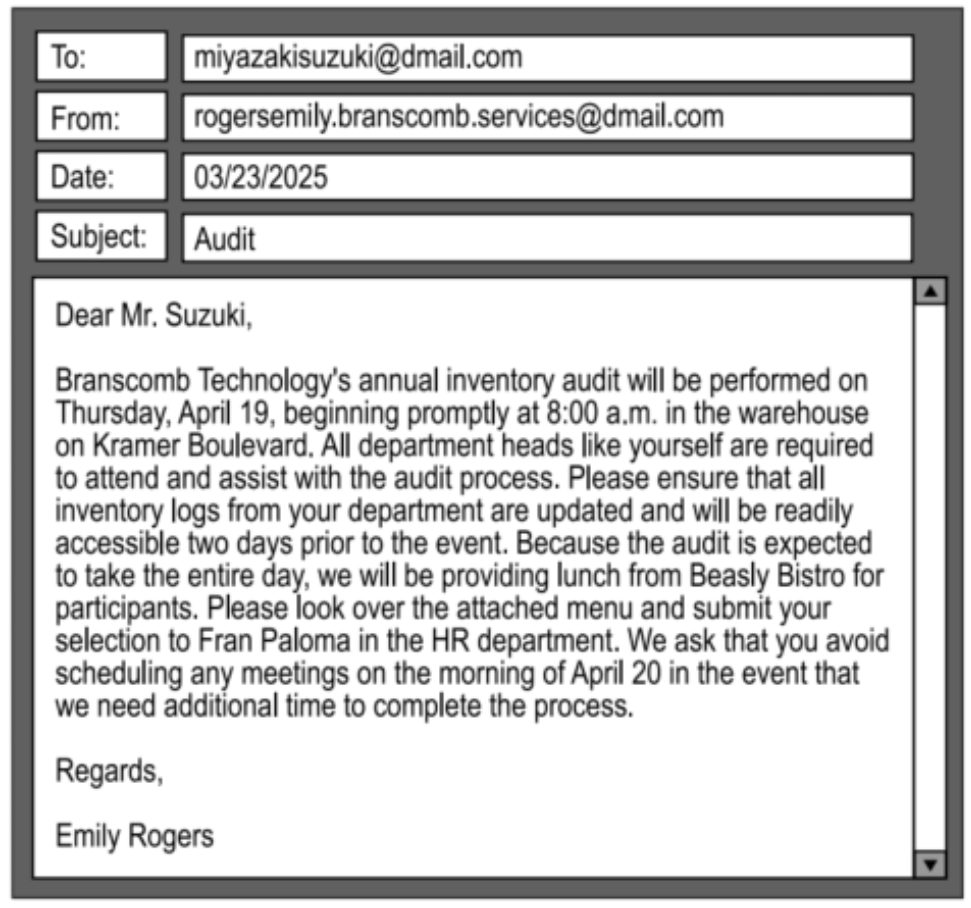 <p><span>Why did Ms. Rogers send the email to Mr. Suzuki?</span></p>