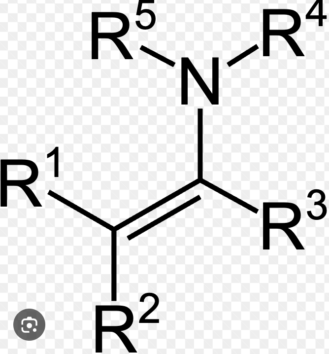<p>Forms when an aldehyde/ketone reacts with a secondary amine in acidic conditions</p>