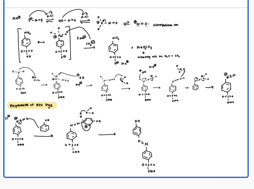 <p>Nitrosonium ion</p><ul><li><p>NO2 ion will get protonated by HCl twice to ultimately have H2O leave and have a nitrosonium ion</p></li></ul><p>Diazotized sulfanilic acid formation</p><ul><li><p>deprotonate the NH3 to get NH2 (makes it the soluble version)</p></li><li><p>then nitrosonium ion will firm a bond with the N in the sulfanilic acid, the central N will get deprotonated, the O in nitrosonium will get protonated, central N will get deprotonated again by hydroxide, other O will get protonated, and lose H, and then you will get your triple bond N</p></li></ul><p>preparation of azo dye</p><ul><li><p>pi bond in phenol will attack the non charged N, and ultimately the adjacent H will get eliminated by H2O to restore aromaticity. the electrons from the triple bonded N get pushed to the positively charged N to neutralize the charge</p></li></ul><p></p>
