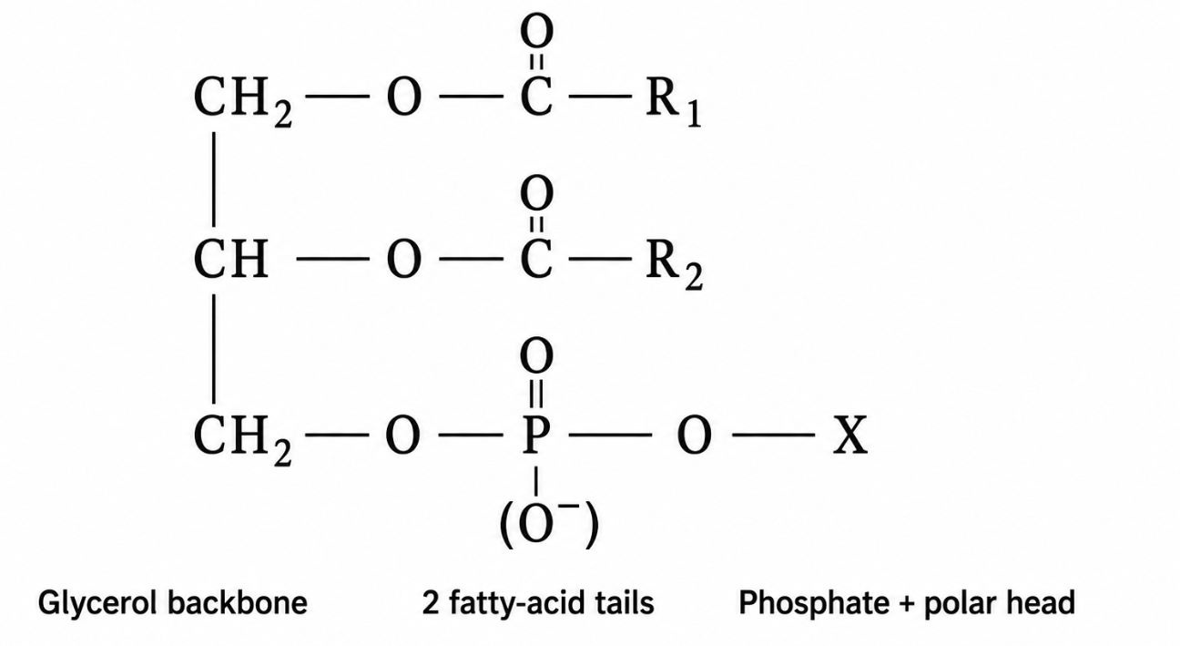 <ul><li><p>Like triglycerides except 1 fatty acid replaced by <span style="color: red;">phosphate ester group</span></p></li><li><p>Common in cellular membranes b/c of their surfactant properties</p><ul><li><p>Head = Polar (Hydrophilic) phosphate group</p></li><li><p>Tail = Lipid, Non-polar, Hydrophobic</p></li></ul></li></ul><p></p>