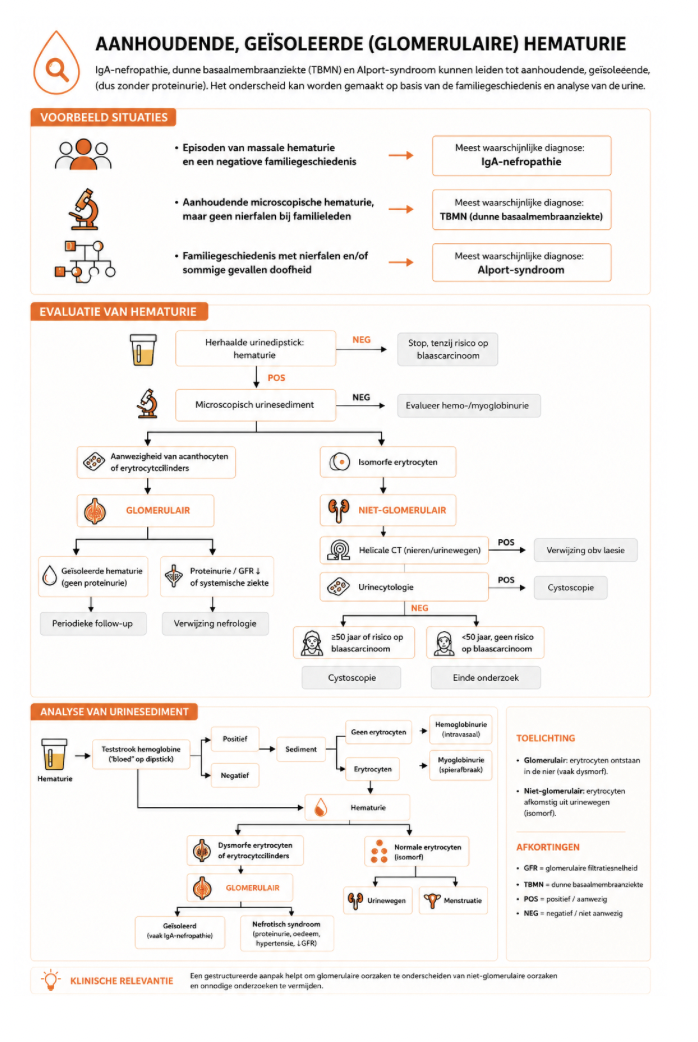 <ul><li><p>kan komen door IgA nefropathie, TBMN en Alport syndroom</p></li><li><p>onderscheidt maken op basis van fam.geschiedenis + analyse urine</p></li><li><p>voorbeeldcasussen allemaal pt van 40j:</p><ul><li><p>episoden van massale hemature + neg famgesch. = meest waarschijnlijk IgA-n.</p></li><li><p>aanhoudend microscopische hematurie, geen nierfalen in fam.gesc. = vaak TBMN</p></li><li><p>famgeschied. met nierfalen + sommige gevallen doofheid = vaak Alport syndroom</p></li></ul></li></ul><p></p>