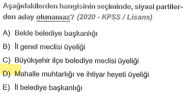 <p>Muhtarlar ve ihtiyar heyeti üyeleri hiçbir siyasi partiye bağlı olmadan, tamamen bağımsız olarak seçilirler.</p>