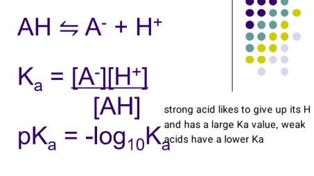 <p>At a pH below the pKa, the acid exists predominately as AH Protonated form/acid - lots of H in it</p><p>At a pH above the pKa, the acid exists predominately as A- Deprotonated form/conjugate base - easy to offload H </p><p>When the pH of the solution = pKa of the group [AH] = [A- ] i.e. exactly half dissociated</p><ul><li><p>see slides 87 - 88</p></li></ul><p></p>