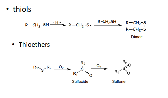 <ul><li><p>thiols=dimer</p></li><li><p>thioesters= sulfoxide + sullfone </p></li></ul><p></p>