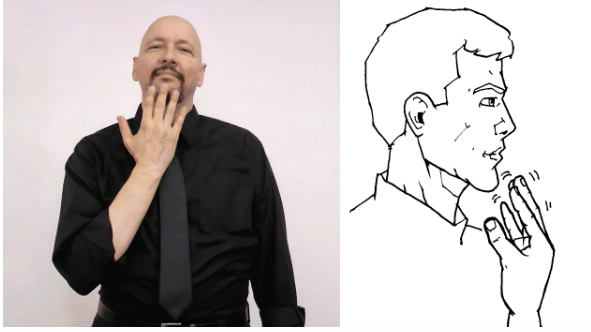 <p>dom hand make five and wiggle fingers tapping on chin</p>