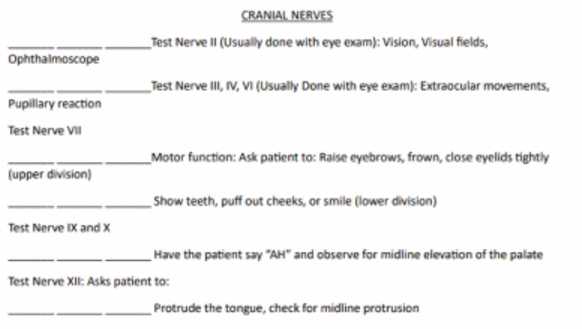 <p><u>cranial nerves</u></p><ol><li><p>test nerve <strong>II</strong>: (usually done with eye exam): vision, visual fields, Opthalmoscope</p></li><li><p>test nerve <strong>III</strong>, <strong>IV</strong>, <strong>VI</strong>: (usually done with eye exam): extraocular movements, pupillary reaction</p></li><li><p>test nerve <strong>VII</strong>: motor function: ask patient to: raise eyebrows, frown, close eyelids tightly (upper division)</p></li><li><p>(still nerve VII) show teeth, puff out cheeks, or smile (lower division)</p></li><li><p>test nerve IX and X: have the patient say “AH” and observe for midline elevation of the palate</p></li><li><p>test nerve XII: protrude the tongue, check for midline protrusion.</p></li></ol><p></p>