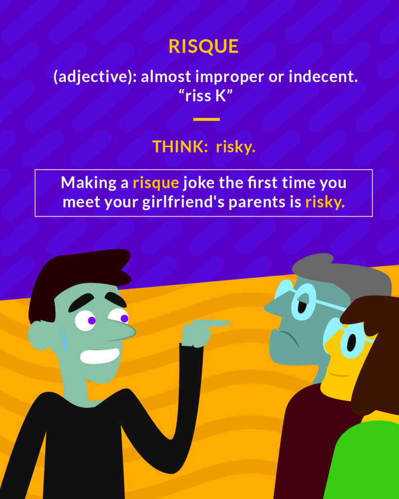 <p>bordering on being inappropriate or indecent</p><p>(adj.) almost improper or indecent</p>