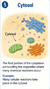 The fluid portion of the cytoplasm surrounding the organelles where many chemical reactions occur. Example: Many cellular reactions take place in the cytosol.