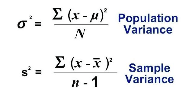 <ul><li><p><span>σ<sup>2 </sup>= population variance </span></p></li><li><p>S<sup>2 </sup>= sample variance</p></li><li><p><span>N = total number of observation in the population</span></p></li><li><p><span>n is the number of data points in the sample </span></p></li><li><p><span>xi = each individual data point </span></p></li><li><p><span>μ = the population mean</span></p></li><li><p><span>x bar = sample mean </span></p></li></ul><p>to calculate, subtract the mean from each data point, square the result, sum all squared values, and</p><ul><li><p>for population divide by total number of observations</p></li><li><p>for sample divide by n - 1</p></li></ul><p></p>