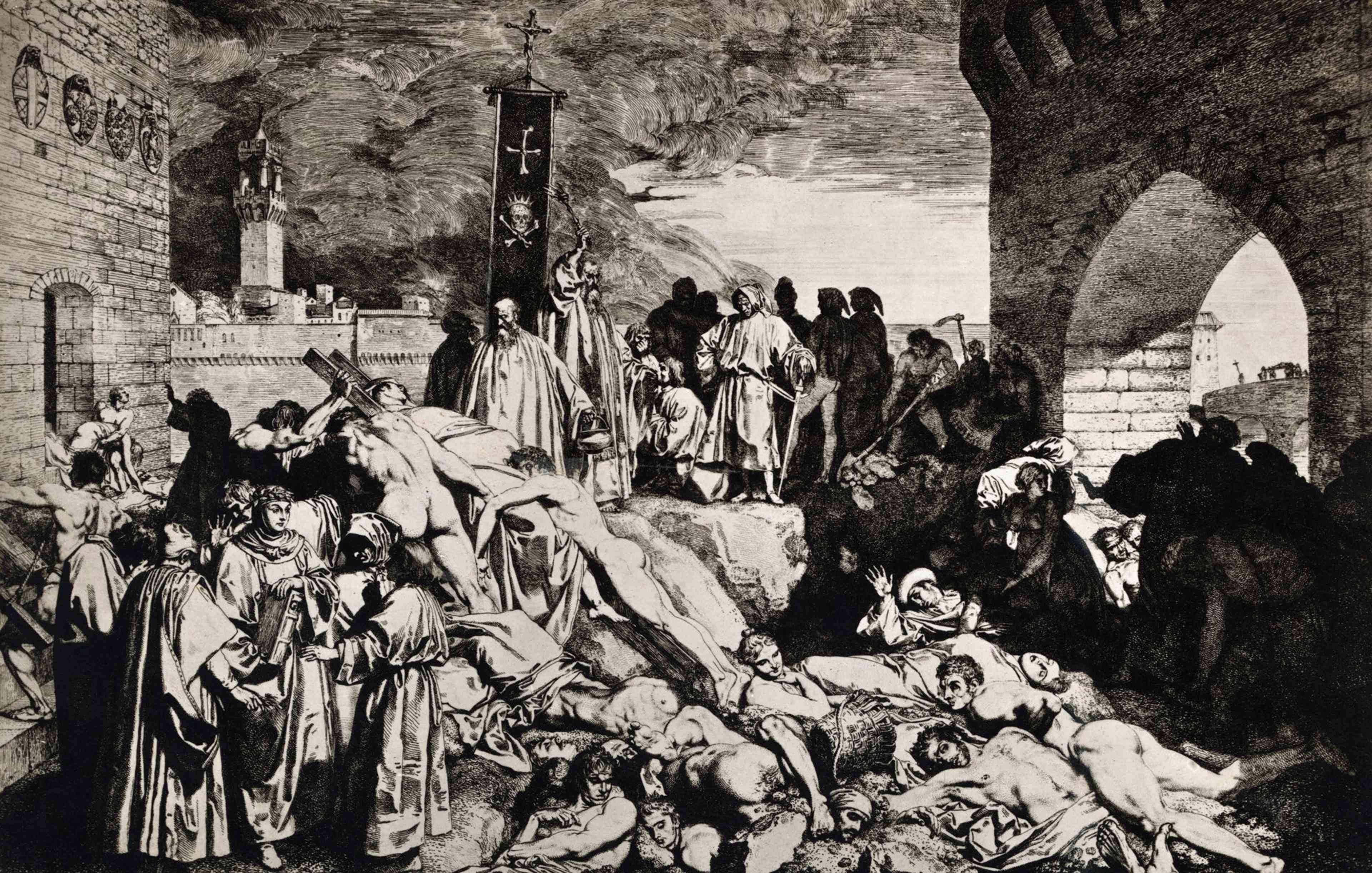 <p>Black Plague; vast population decrease, prices of foods & crops feel, & lords made less $ on their land.</p>
